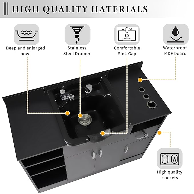 Shampoo Backwash Station for Salons,Salon Station with Shampoo Bowl & Storage Layer, Drawer,10V Outlets, USB Port, Faucet Sprayer, Salon Equipment for Spa Beauty, Black Color