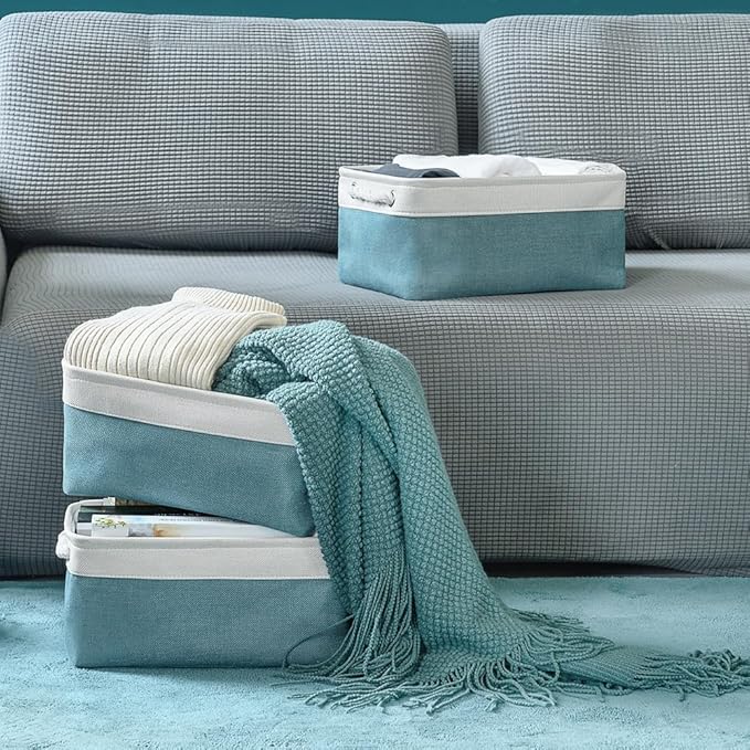 TheWarmHome Fabric Storage Bins Baskets for Organizing,Sturdy Storage Basket W/Handles, Decorative Foldable Storage Baskets for Shelves Closet Nursery Toy (White&Teal, Medium - 3 Pack)