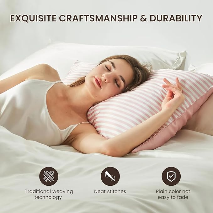 THXSILK Mulberry Silk Pillowcase for Hair and Skin Health, Grade 6A+ Mulberry Silk Pillowcase with Hidden Zipper, Soft and Breathable, 1pc (Queen 20"x30", Pink White Stripes)