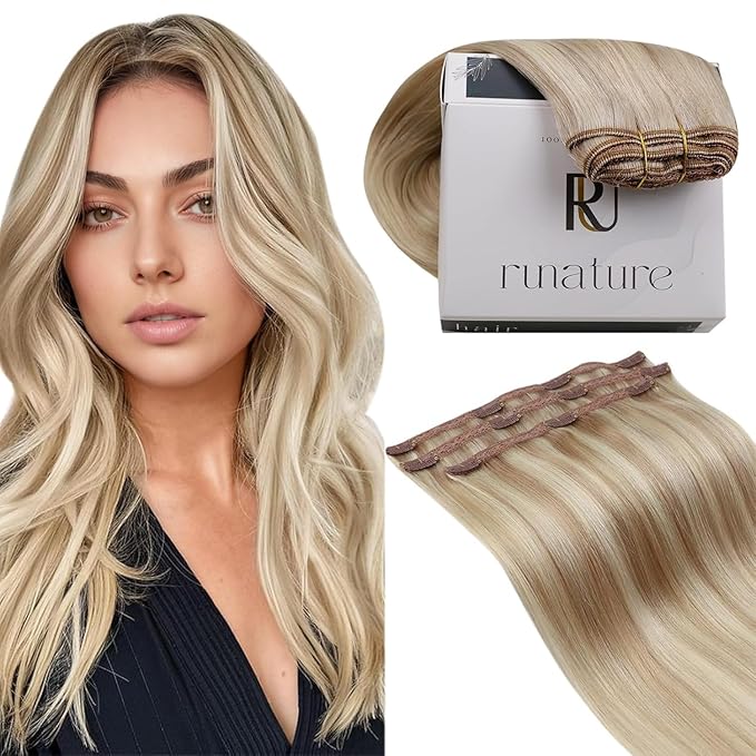 RUNATURE Clip in Hair Extensions Real Human Hair, Blonde Human Hair Clip in Extensions, Remy Straight Real Hair, Long Lasting, 14 Inch 50g 3pcs #18P60 Ash Blonde Highlights