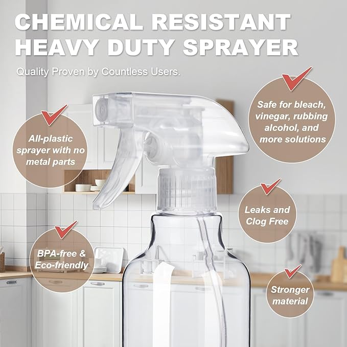 Plastic Spray Bottles (2-Pack, 16.9 Oz) Heavy Duty Spraying, Mist & Stream, Empty Water Sprayer Bottle for Cleaning Solutions, Essential Oils, Hair, Plants, BBQ, Dog Cat Behavior Correction (Clear)