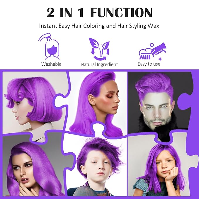 Purple Temporary Hair Color Wax, Instant Natural Hairstyle Cream Dye, Washable Styling Pomadesfor Men Girls Women Youth, Disposable Violet Coloring Mud for Party Cosplay DIY Halloween，