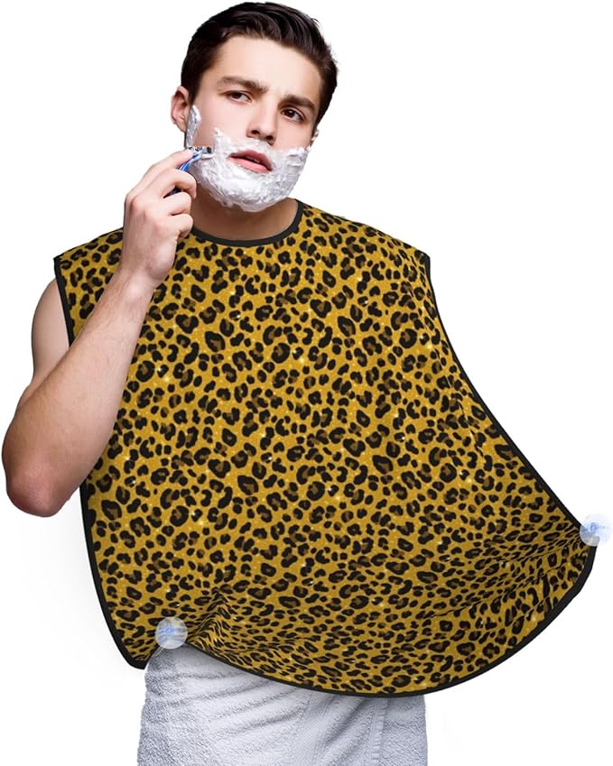 Adjustable Non-Stick Beard Apron, Hair Catcher Cape for Shaving Grooming, Waterproof with Suction Cups Men, Black Gold Glitter Wild Chic Animal Cheetah Leopard Ptint Shave Bib