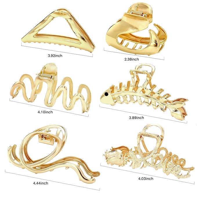 MHDGG Large Metal Hair Claw Clips for Women, 6-Pack Non-Slip Strong Hold Clips for Thin or Thick Curly Hair Styling (Gold)