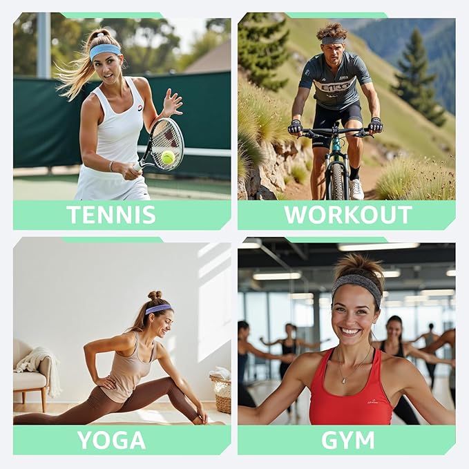 Athletic Sweat Bands Headbands for Women, Moisture Wicking Sweatbands Non-Slip Elastic Sports Hair Bands for Running, Workout, Yoga, Basketball, Tennis, Exercise