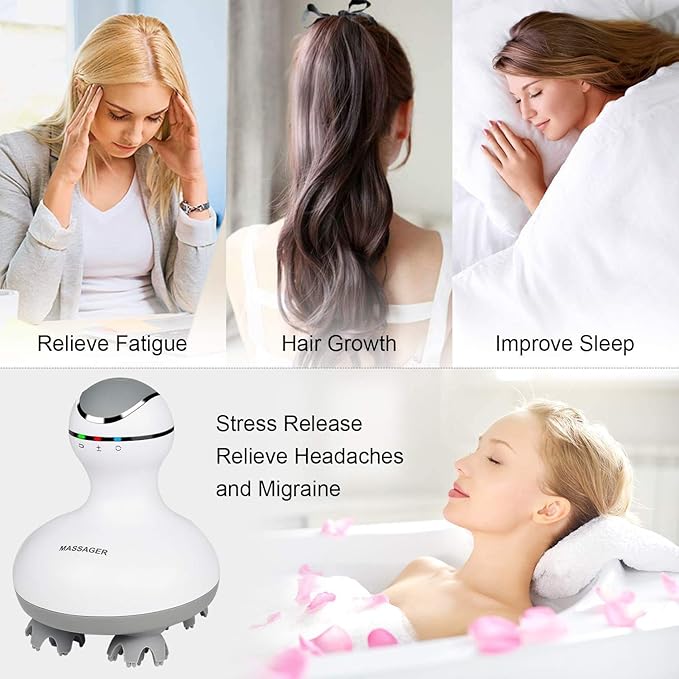 cotsoco Electric Scalp Head & Back Massager, Cordless Hair Massage Waterproof Head Massager with 4 Heads 84 Nodes for Hair Growth, Stress Relief & Deep Clean, Gifts for Mom, White