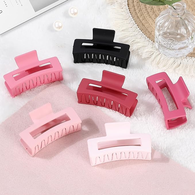 3.5 Inch Medium Hair Claw Clips 6 Pack Hair Clips for Women Square Rectangle Claw for Hair Banana Jaw Clips Hair Accessories for Girls (Pink)