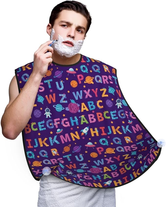 No-Slip Shaving Bib, Beard Grooming Apron with Strong Suction Cups, Cartoon UFO Astronaut Rockets Purple Galaxy Stars Nebula Letters Space Alphabet