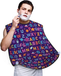 No-Slip Shaving Bib, Beard Grooming Apron with Strong Suction Cups, Cartoon UFO Astronaut Rockets Purple Galaxy Stars Nebula Letters Space Alphabet