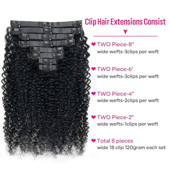 Seamless Curly Clip in Hair Extensions Real Human Hair Brazilian Virgin Human Hair Clip in Extensions 8Pcs Seamless Clip ins for Black Women with 18Clips PU Skin Weft 120g 12inch Natural Black