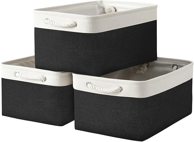 TheWarmHome Storage Basket for Organizing - Large 3 Pack 15.7x11.8x8.3 inch Collapsible Storage Bin for Shelves with Handles Laundry Cube Toy Closet Nursery (Whiet & Black)