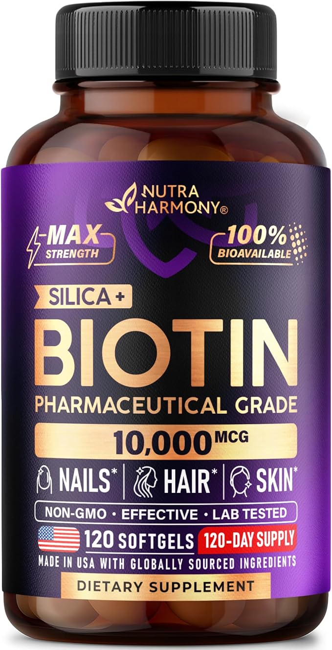 Biotin 10000mcg with Silicon - Pharmaceutical Grade Biotin Supplement for Women - Hair Growth Support, Skin & Nails - Max Strength & 100% Bioavailability - Made in USA - 120 Softgels, 120 Days Supply