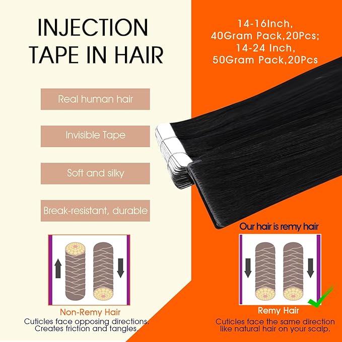Full Shine Intact Black Human Hair Extensions Tape in Color 1 Jet Black Tape in Extensions Injection Seamless Skin Weft Machine Remy 14Inch 40Gram 20Pcs Straight Brazilian