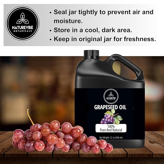 Naturevibe Botanicals Grapeseed Oil 32oz | 100% Pure Cold-Pressed & Lightweight Carrier Oil | Non-Greasy Natural Moisturizer for Skin, Hair, Face, Nails & Massage | Hexane-Free, Fresh & Versatile