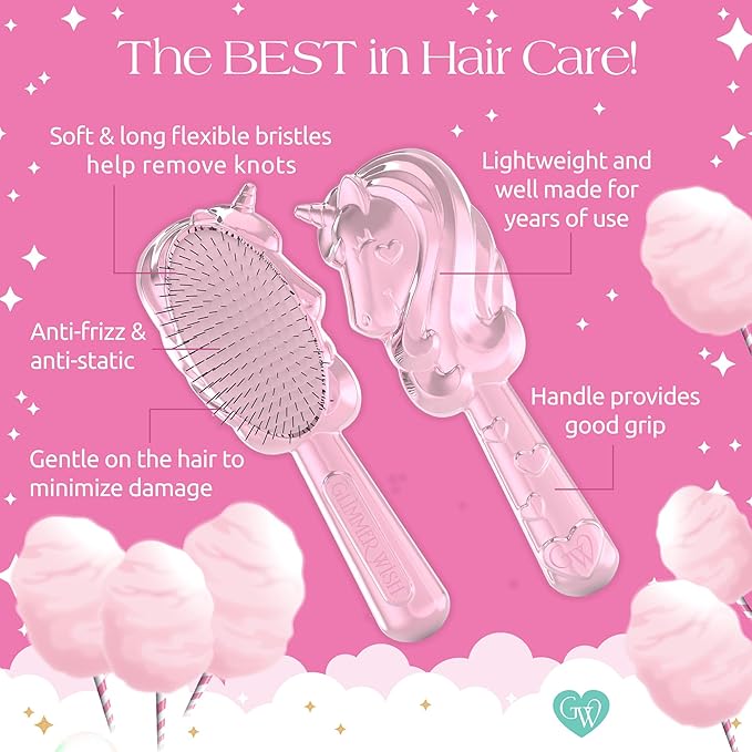 Glimmer Wish Unicorn Hair Detangler Brush for Kids – Gentle & Soft Bristles for Tangle-Free Locks – Anti-Frizz & Anti-Static – Hairbrush for Wet or Dry Use, Hair Brush for Girls and Women