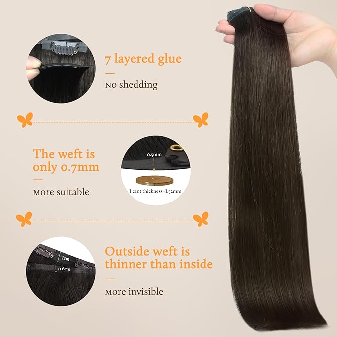 DOORES Real Human Hair Extensions, Dark Brown 7pcs 110g 16 Inch, Seamless Clip in Hair Extensions, Natural Straight Hair, Invisi Edge