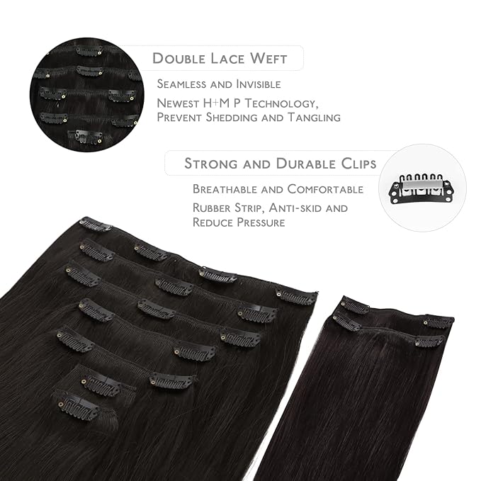 WENNALIFE Clip in Hair Extensions Real Human Hair, 150g 18inch 9pcs Natural Black Remy Hair Double Weft Extensiones De Cabello Humano Con Clip Ins