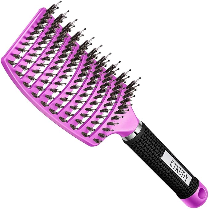 Detangling Brush Boar Bristle Hairbrush for Adult & Kids Wet or Dry Hair - KTKUDY Detangler Hair brush Getting Knots Out without Pain - Adds Shine and Makes Hair Healthier Purple - black handle