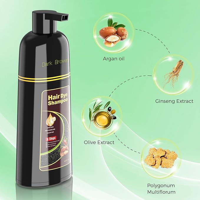 Dark Brown Hair Dye Shampoo for Woman & Man, Argan Hair Color Shampoo 3 in 1, Semi-Permanent Gray Hair Coverage, Mild Formula, Lasts 30 Days(16.90 oz)