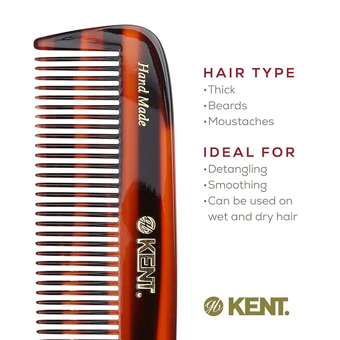 Kent 12T Wide Tooth Detangling Comb - Handmade Pocket Grooming Tool for Thick, Curly, Wavy Hair, Beards and Mustaches - SawCut and Hand Polished