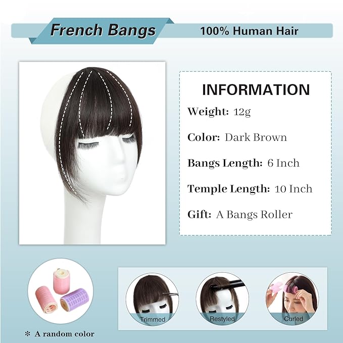 NAYOO Bangs Hair Clip - Dark Brown French Bangs 100% Real Human Hair Extensions French Bangs for Women Fringe with Temples Hairpieces Curved Bangs for Daily Wear