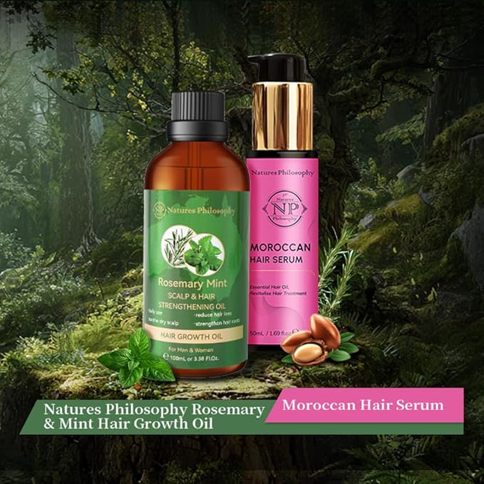 NP NATURES PHILOSOPHY Moroccan Argan Oil & Rosemary Hair Growth Oil Set, Organic Hair Serum, Anti-Frizz, Anti-Hair Loss, Adds Shine, Quickly Absorbed & Non-Greasy, Aussie Hair Products for Men & Women