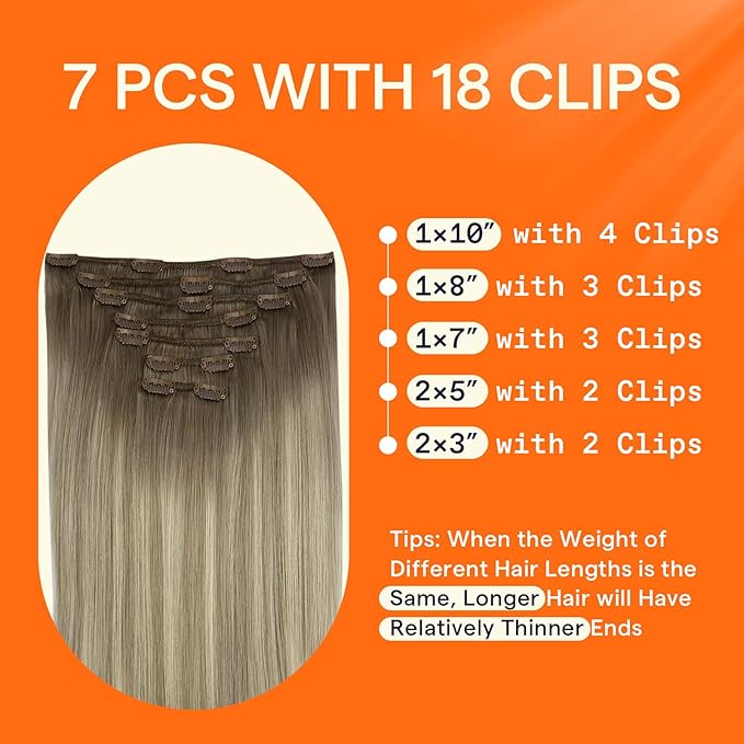 Full Shine Real Remy Hair Extensions Clip in Human Hair 22 Inch Ash Brown Mix Platinum Blonde Invisible Hairpiece for Women Balayage Clip in Extensions Straight 7 Pcs 120 G