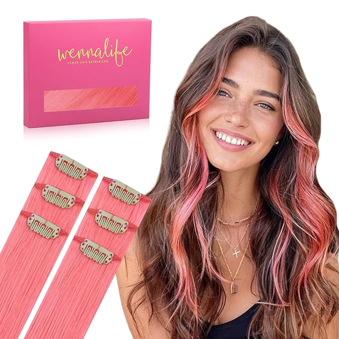 WENNALIFE Light Pink Clip in Hair Extensions Real Human Hair 35g 6pcs 18 Inch Colored Hair Extensions for Kids Women Colorful Hair Pieces Pop-up Style Straight Extensiones De Cabello Humano Con Clip