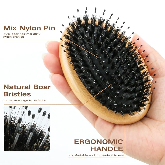 Bamboo Boar Bristle Hair Brush for Women, Men & Kids – Detangling Brush for All Hair Types (Fine, thin, Thick, Curly) Reduces Frizz & Breakage – Smoothing Shine & Health Hair Brush to Travel