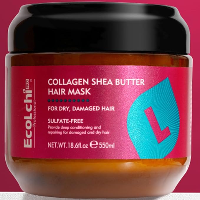Ecolchi Collagen Hair Mask Deep Repair Conditioning Collagen Shea Butter Hair Treatment for Dry and Damaged Hair All Hair Types 18.6 oz 550ml
