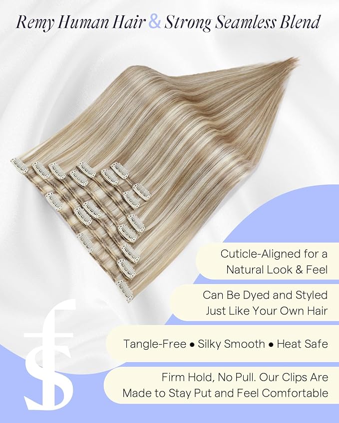 Full Shine Blonde Clip in Hair Extensions Highlight Human Hair 18 Inch for Thick Hair Invisible Clip in Human Hair Extensions Straight Blonde Extensions 18 Inch 135 G