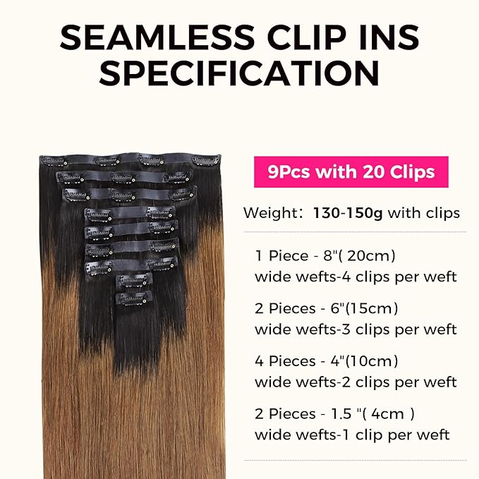 Lashey Seamless Clip in Hair Extensions Human Hair 150g 9pcs 24 Inch Ombre Natural Black to Medium Auburn Straight Clip in Hair Extension for Women PU Weft Hair Extension