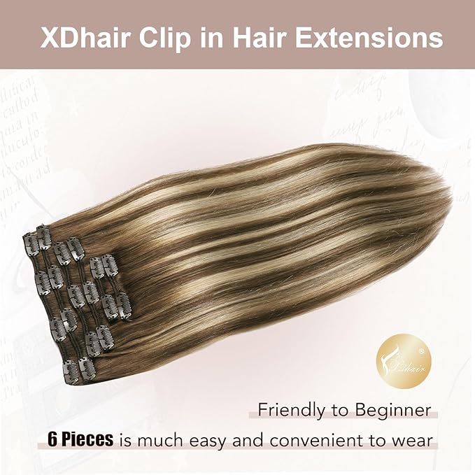 XDhair Clip in Hair Extensions 100g 6pcs 14 Inch Chocolate Brown to Caramel Blonde Real Human Hair Clip in Extensions Silky Straight for Women(14inch, #4/27/4)