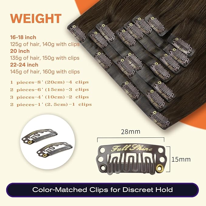 Full Shine Clip in Hair Extensions 20 inch 150g 8Pcs Seamless Clip ins Human Hair Dark Brown Remy Hair Clip ins for Women PU Skin Weft