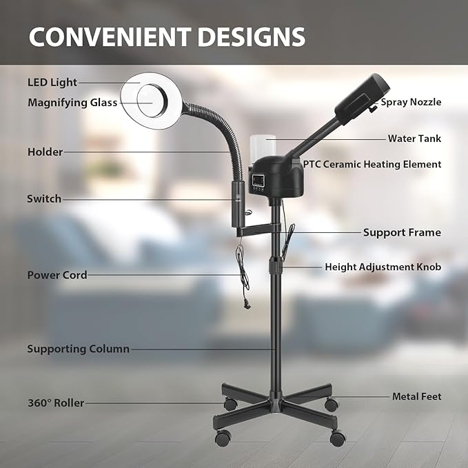 Professional Facial Steamer 2 in1 Steamer for Face 5X LED Magnifying Lamp Hot Ozone Facial Steamer for Esthetician Beauty Face Equipment Use at Home or Salon（Black）