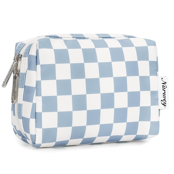 Narwey Small Checkered Makeup Bag for Purse Mini Cosmetic Bag Travel Makeup Pouch Zipper Pouch Cute Make up Bags with Compartments for Women Girls(Small,Sky Blue Checkerboard)