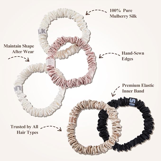 5 Pack Mulberry Silk Scrunchies for Women–22 Momme 6A Grade Hair Ties, Anti-Frizz & Anti-Breakage, Gentle & Safe for All Hair Types, Daily Styling&Overnight Care