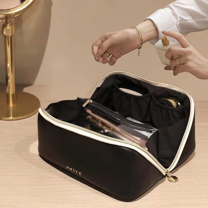 Prite Makeup Bag for Women Travel Waterproof Vegan Leather Cosmetic Bag Open Flat Toiletry Bag With Clear Divider and Handle (Large Black)