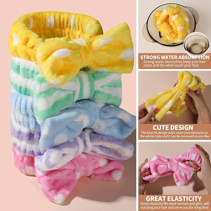 Teenitor 5pcs Makeup Headband with Removable Bow, Spa Headband for Washing Face for Teen Girls Women, Christmas Gifts Basket for Teens Girls Party, Skin Care Hairband