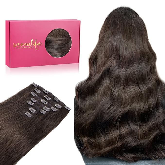 WENNALIFE Clip in Hair Extensions Real Human Hair, 18 Inch 120g 7pcs Light Dark Brown Remy Hair Double Weft Straight Natural Extensiones De Cabello Humano Con Clip Ins