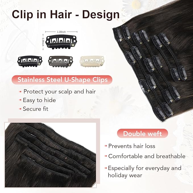 XDhair Clip in Hair Extensions Real Human Hair 16 Inch 100g Natural Straight Human Hair Clip in Extensions for Woman Double Weft #1B
