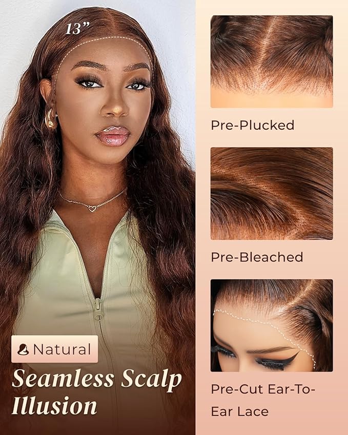Arabella Chocolate Brown Deep Wave Lace Front Wigs Human Hair 13x6 HD Lace Frontal Wigs Curly Human Hair Brown Glueless Wig For Women Pre Plucked with Natural Hairline 30 Inch