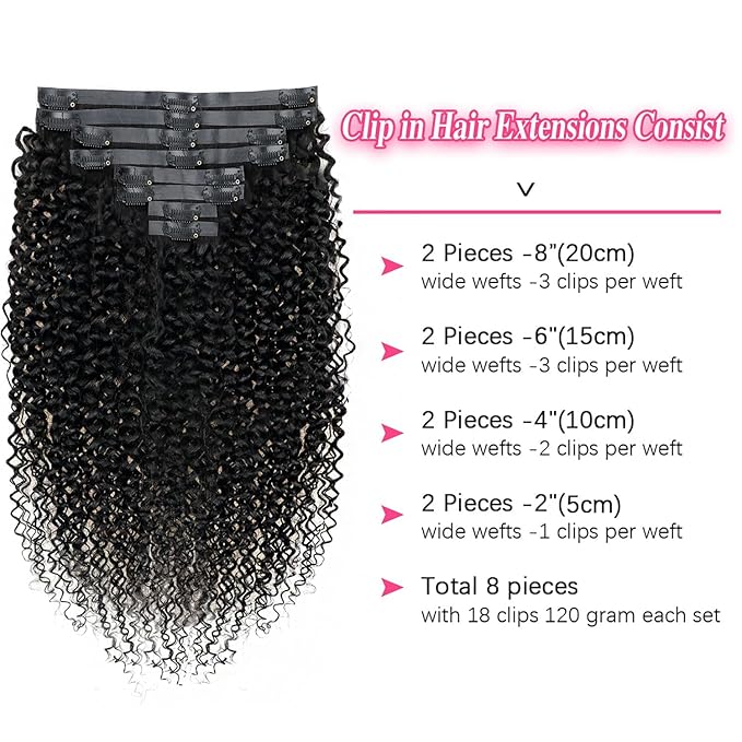 Seamless Curly Clip ins Hair Extensions Real Human hair Brazilian Virgin 3c 4a Curly Clip on Human Hair Extensions (14inch,#1B)