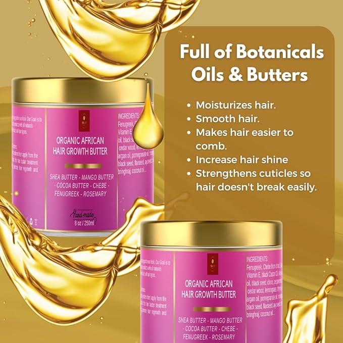 Chebe Hair Growth and Thickening Butter - Ayurvedic Deep Conditioner with Shea, Cocoa, Mango Butter, Fenugreek, and Rosemary for All Hair Types, 8 oz