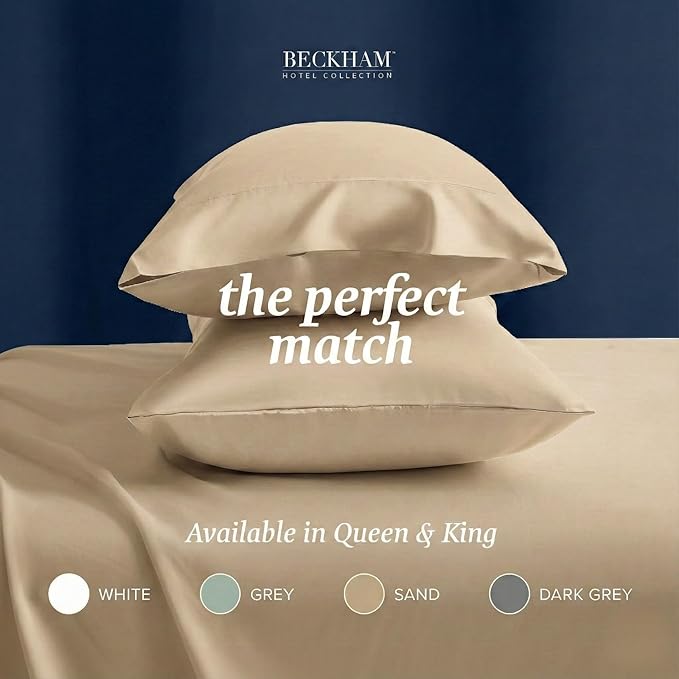 Beckham Hotel Collection 100% Cotton Pillow Cases Standard/Queen Size Set of 2, 500TC, Luxury Sateen Pillowcases, Open End, Breathable, Moisture-Wicking, Sand