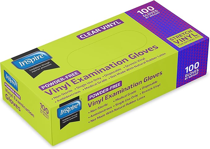Inspire Exam Medical Clear Vinyl Disposable Gloves - Latex Free for Cleaning, Food Prep