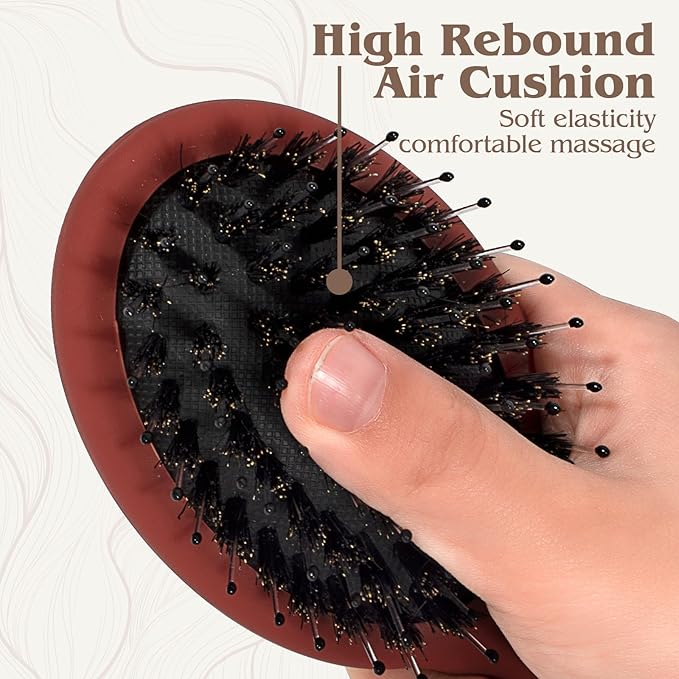 Mini Boar Bristle Hair Brush - Boar & Nylon Bristle Small Brush for Women Kids Long Short Hair to Smooth Add Shine - Travel Size Hair Brush for Purse,Pocket - Red