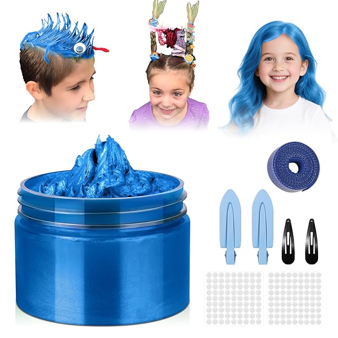 Temporary Hair Color Wax Kit, Stocking Stuffers for Teen Girls, Instant Hair Dye Color Wax Washable Natural Hair Color Cream for DIY Hairstyle on Crazy Hair Day, Easter, Christmas (Blue)
