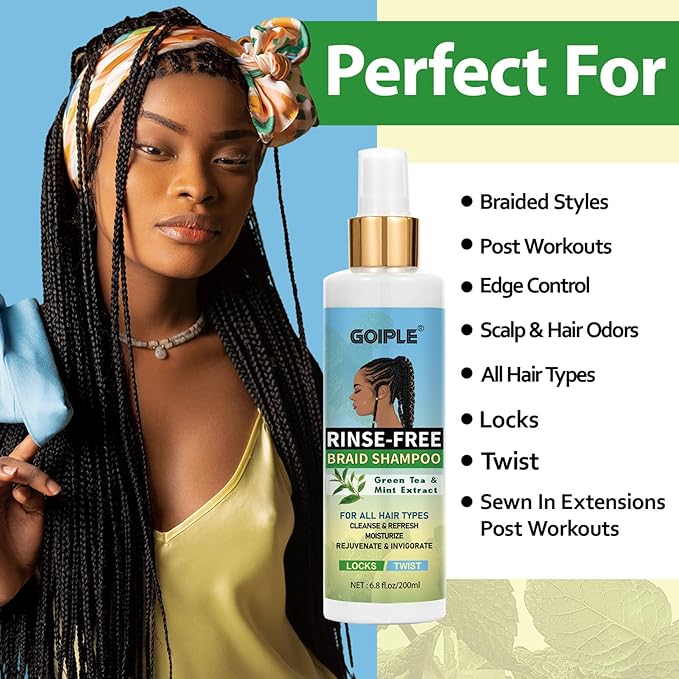 No-Water Braid Shampoo for Locs, Twists, Weaves - Rinse-Free, Dreadlock Shampoo for Build-Up, Odor, Itch & Flakes, No Residue, Chemical-Free, 6.8 fl oz