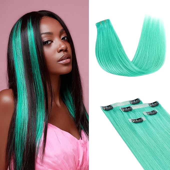 Lashey Seamless Clip in Hair Extensions Human Hair 4pcs 48g Green 20 Inch Straight 100% Remy Human Hair Extensions for Black Women
